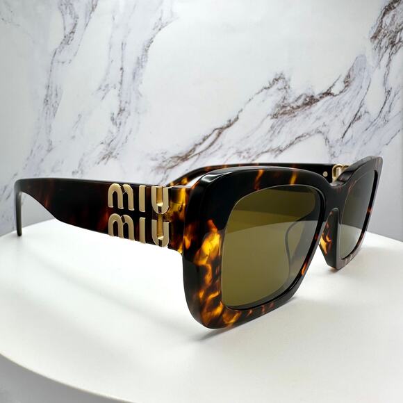 New MIU MIU Sunglasses Brown Tortoise Acetate Gold Metal Logo Italy Authentic - Picture 3 of 16